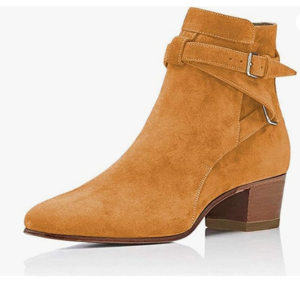 YDN Ginger Yellow Block Low Heel Suede Cowgirl Boots Pull on Buckle Ankle Boot